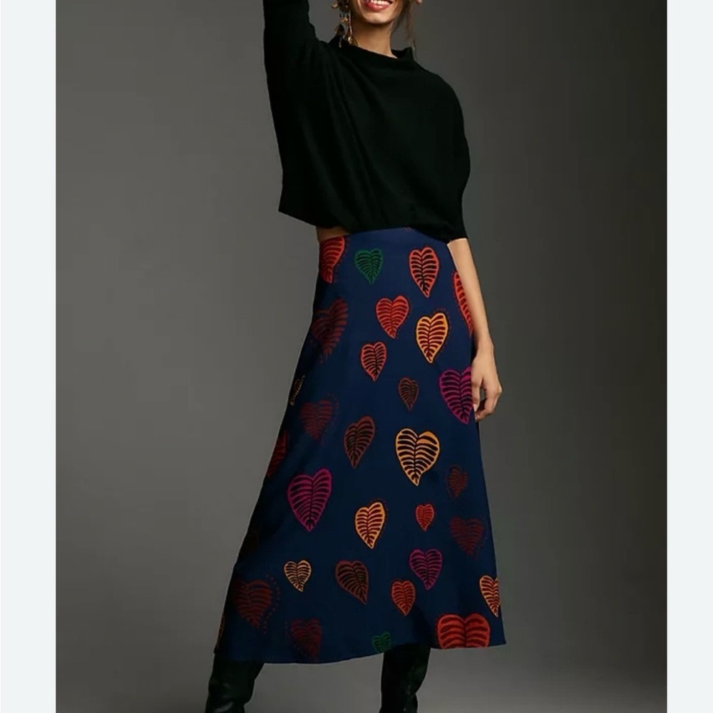 Anthropologie Blue A-Line Skirt with Colorful heart Leaf Pattern